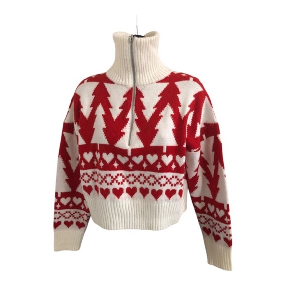 Jessica‎ Simpson red white pine hearts zip front pullover sweater size Small - Picture 11 of 17